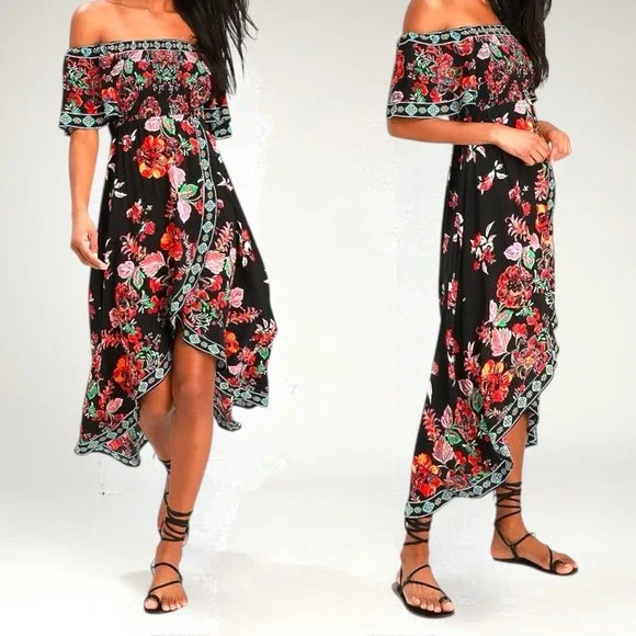 Lulus Black Vibrant Floral Off Shoulder Hi Lo Dress M Boho Tropical Vacation - Picture 1 of 10